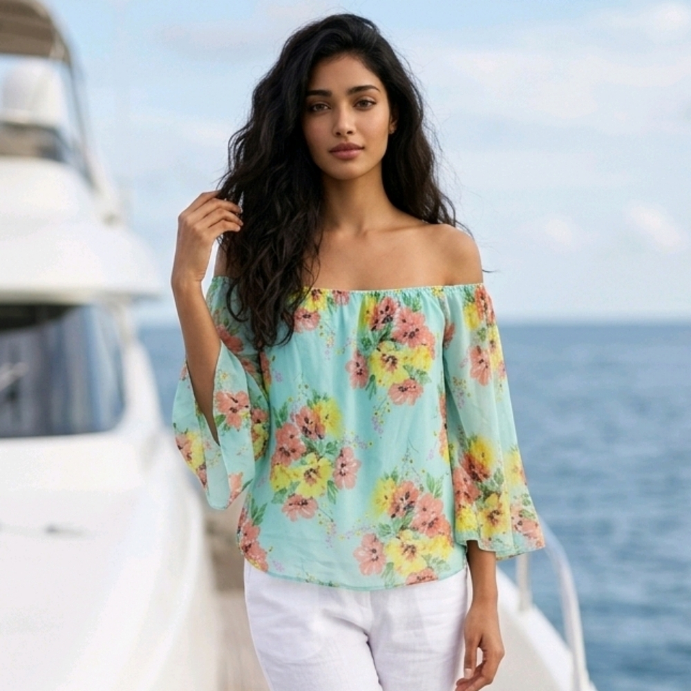 Entro Mint Floral Off Shoulder Blouse S Bell Sleeve Chiffon Boho Resort Top